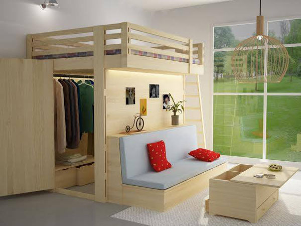 Bàn uống nước, tủ, giường ngủ kết hợp trong không gian nhỏ hẹp